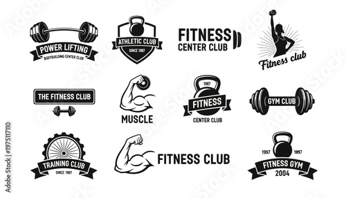 Various fitness club logos with dumbbells and kettlebells are shown.
