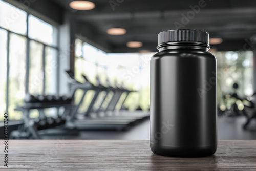 Black protein powder container on wooden surface with blurred gym equipment and large windows in the background for fitness and nutrition concepts