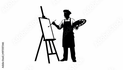 The artist paints on a canvas standing next to easel with a palette in hand.
