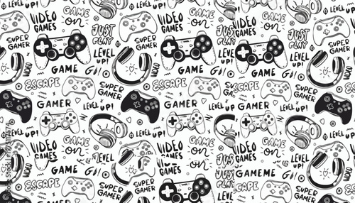 A chaotic illustration of various gaming controllers and game-related words fills the entire frame with black graphics on white background.