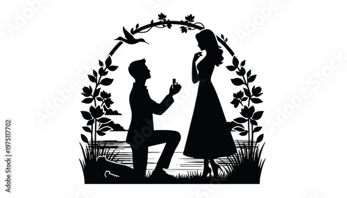 Man proposes to woman under floral arch by serene lake at sunset