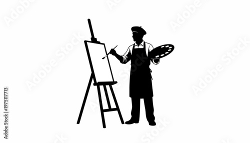 A person paints on an easel with a palette in a studio