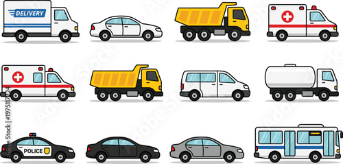 City Vehicle Icon Set with Delivery Truck Ambulance Police and Construction Truck Vector