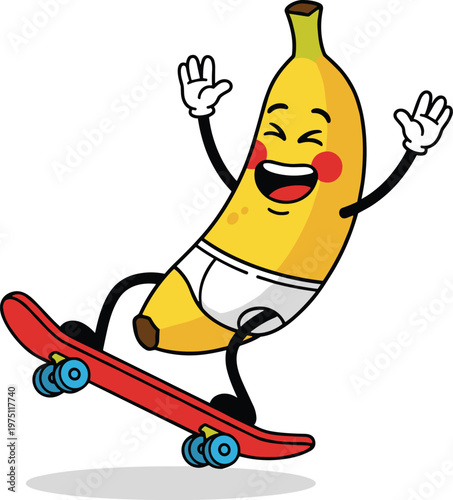 Funny banana mascot character skateboarding in retro cartoon style for branding and stickers.