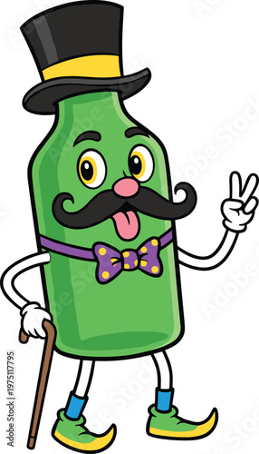 Gentleman Green Glass Bottle Mascot Cartoon Character for Beverage Branding and Labels