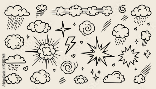 Weather forecast icons show various clouds, rain, sun, and lightning in a digital illustration