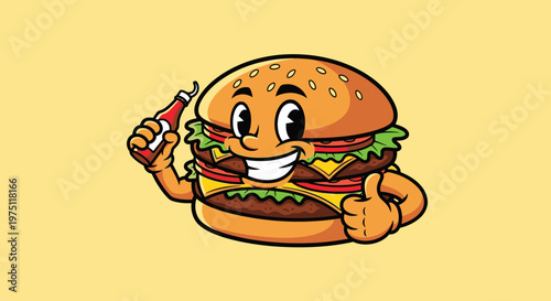 Cartoon hamburger character with condiments thumbs up on yellow background