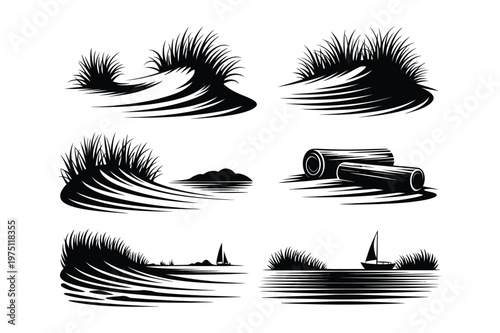 Vector illustration of grassy dunes and water elements in black and white