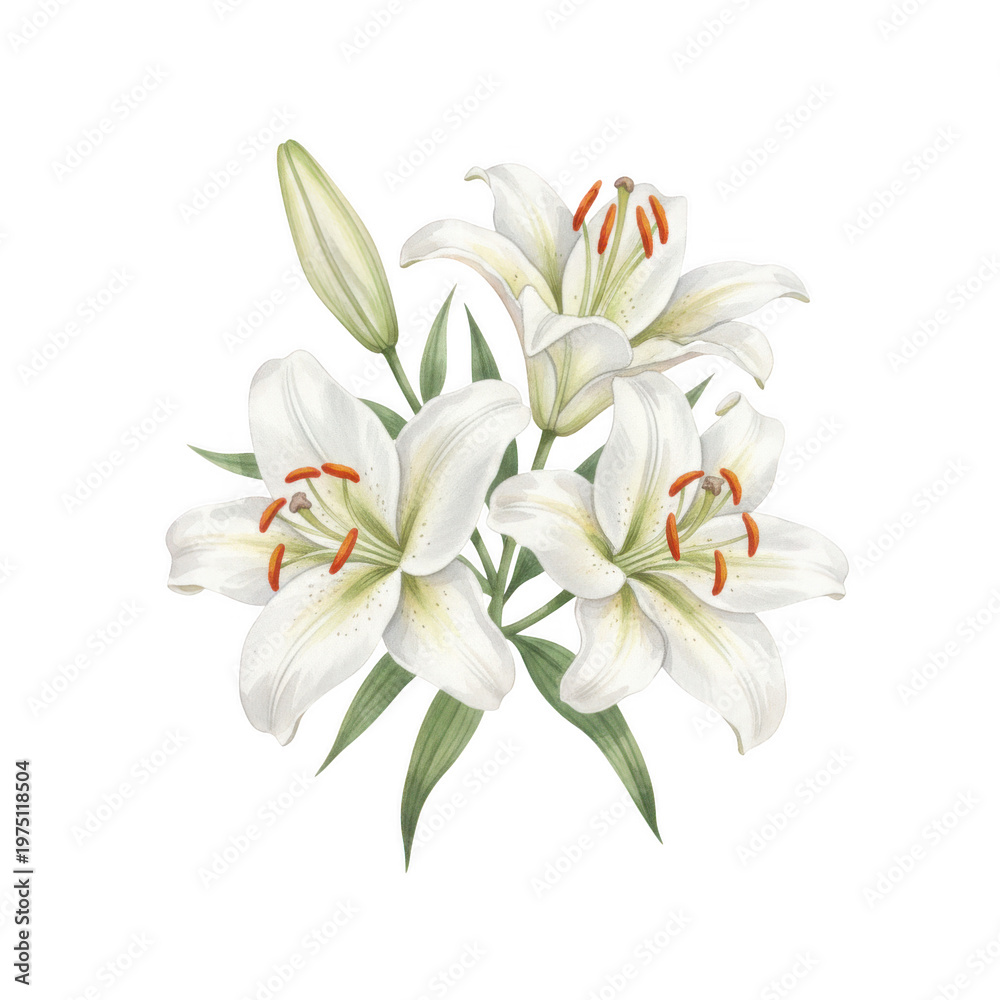 Fototapeta premium White lily flower bouquet isolated on a transparent background