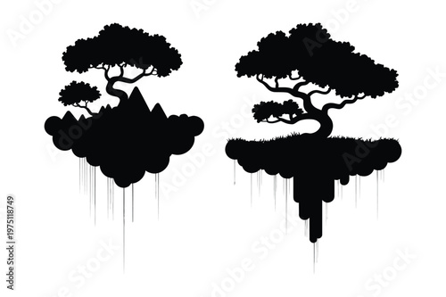 Vector illustrations of stylized trees on floating islands with floating
