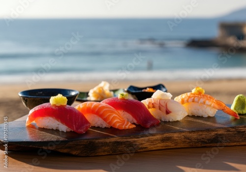 Assorted nigiri sushi on a wooden board with ocean view and beach background