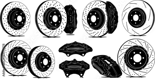 Precision Performance Car Brake Disc and Caliper, Automotive Spare Parts and High-Tech Engineering Components for Maintenance and Repair - Vector Stock