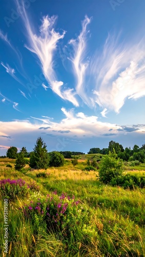 A vibrant summer landscape features a meadow with blooming wildflowers under a bright, textured blue sky. Wispy clouds swirl above