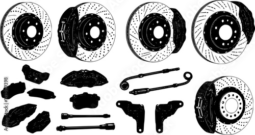 Precision Performance Car Brake Disc and Caliper, Automotive Spare Parts and High-Tech Engineering Components for Maintenance and Repair - Vector Stock