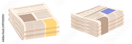 Cartoon set of newspaper stacks and paper piles with folded pages and headline areas isolated on white background for daily news media illustration journalism article design and vintage press concept