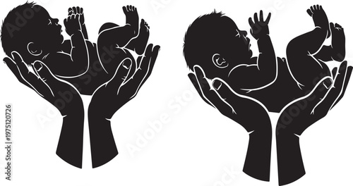 Silhouette of Newborn baby in hand : Capturing the delicate image, showcasing the tender embrace of hands cradling an infant, emphasizing the profound bond of parenthood. 