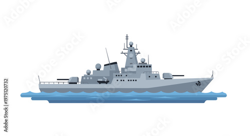 A detailed side profile of a grey naval destroyer ship navigating through blue water with visible radar and weaponry on a clean white background.