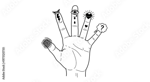 Hand with various symbols on fingers.