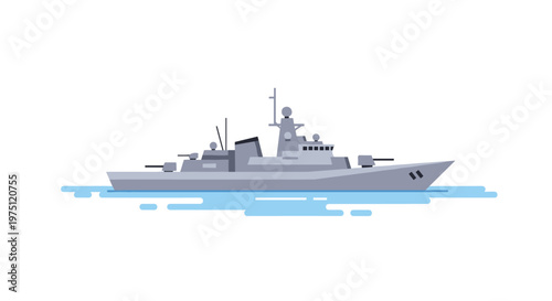A sleek grey naval warship cruises steadily across calm blue waters in this minimalist flat vector illustration set against a pristine white backdrop.