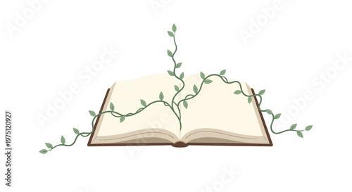 Open vintage book with a delicate green vine growing from its pages representing knowledge and growth against a clean and minimalist white background.