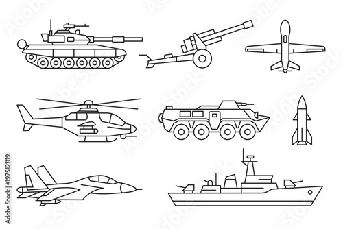 Military Equipment and War Vehicles Outline Vector Icons Set