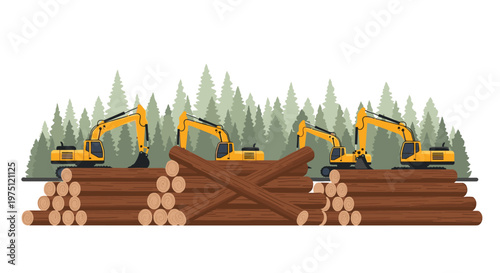Yellow excavators operate efficiently on massive piles of harvested timber logs in front of a dense pine forest in this stylized graphic illustration.