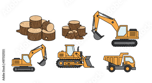Heavy construction machinery including excavators and dump trucks works alongside stacked wooden logs in a detailed and colorful flat graphic design.