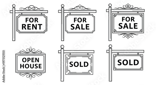 Elegant black and white line art real estate signs on sturdy posts clearly communicate property status updates in a crisp and professional collection.
