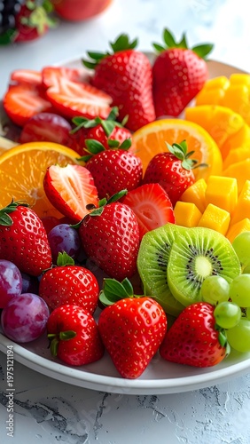 A vibrant selection of fresh fruit arranged on a plate, including strawberries, orange slices, and mango