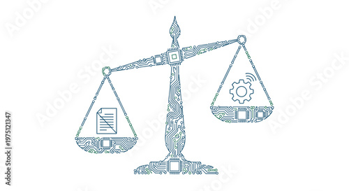 Intricate circuit board patterns form a precise weighing scale balancing a digital document against a mechanical gear in a clean, bright, white space.
