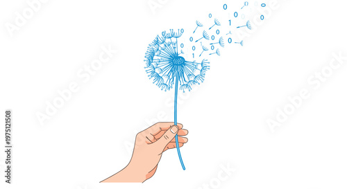Human hand delicately holds a blue dandelion stem as its fluffy seeds transform into digital binary code fragments drifting across a pristine background.