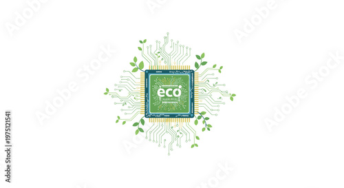 Intricate digital processor chip sprouts organic green leaves from metallic circuit pathways within a clean minimalist white studio environment backdrop.