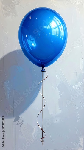 A vibrant, shiny blue sphere floats against a pale textured background, casting a distinct shadow. A metallic ribbon hangs beneath