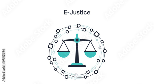 A teal scale of justice icon is centered within a dynamic circle of floating squares and circles under the text E-Justice in a clean white environment.