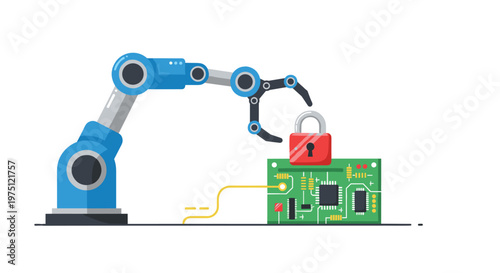 A precise blue robotic arm is placing a red padlock onto a green circuit board on a flat surface to secure the hardware from potential digital threats.