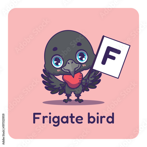 Cute frigate bird holding flag with letter F for fun educational purposes, illustrations