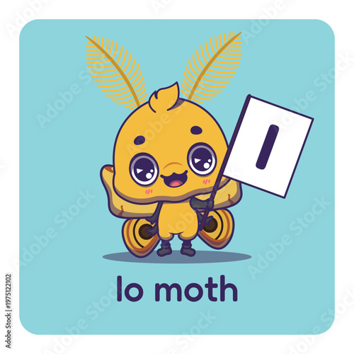 Cute io moth holding flag with letter I for fun educational purposes, illustrations