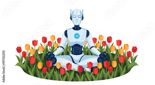 White robot meditates in a perfect lotus position while sitting inside a lush circular patch of vibrant red and yellow tulips on a clean white background.