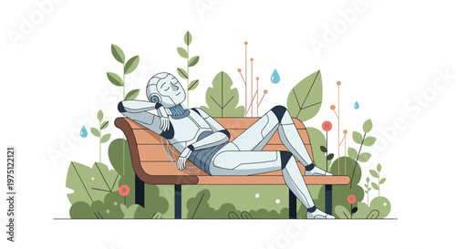 White robot lounges comfortably on a wooden park bench surrounded by stylized botanical plants and floating water droplet icons against a clean white backdrop.