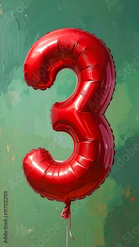 A vibrant, shiny red foil balloon shaped as the number three against a textured, abstract, green and white background