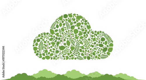 A large cloud shape composed of diverse green leaf types floats above a row of simplified green bushes against a pristine white background for contrast.
