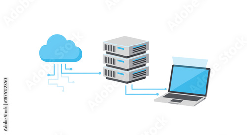 A blue cloud icon connects to a three-tier server stack and a laptop via thin blue lines on a clean white background illustrating modern data flow.