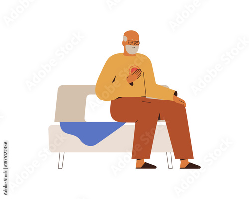 Elderly man wakes with heartbeat symptom. Senior male sits on the bed with difficulty breath. Insomnia and age-related cardio disorders concept. Grandfather suffers from insomnia. Vector illustration