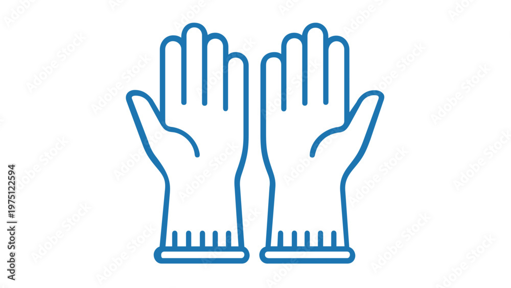 Obraz premium Blue line icon of rubber cleaning gloves for household chores and sanitation. Minimalist vector illustration of protective hand wear for hygiene, safety, and washing in a flat design style.