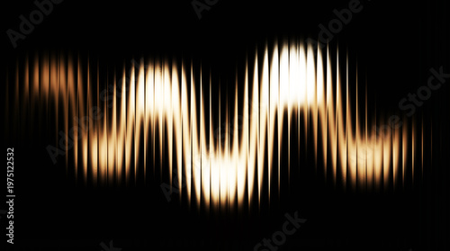 Abstract glass vertical strip sound wave visualization, glowing golden frequency lines on black background, digital audio signal pulse, rhythmic light motion blur
