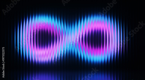 Neon infinity symbol with vertical light distortion, glowing blue and purple loop on black background, futuristic digital art aesthetic