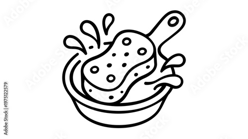 Minimalist vector icon illustration of a sponge scrubbing a frying pan with water splashes, representing household cleaning chores, kitchen hygiene, dishwashing, and domestic maintenance tasks.