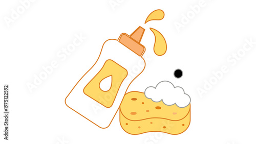 Vector illustration of a dish soap bottle pouring liquid detergent onto a soapy sponge with foam and bubbles, flat line icon design for household cleaning, kitchen hygiene, and domestic chores.