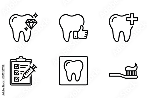 Dental care and oral hygiene line icon set featuring healthy teeth medical checkup toothpaste and professional dentistry equipment, hospital