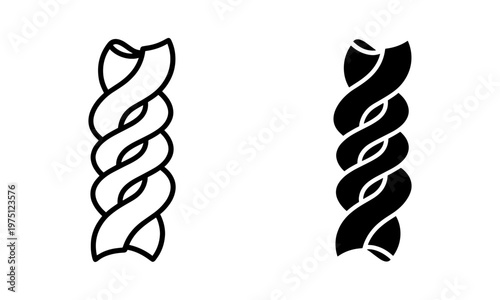 Fusilli pasta shapes icons outline and solid black vector